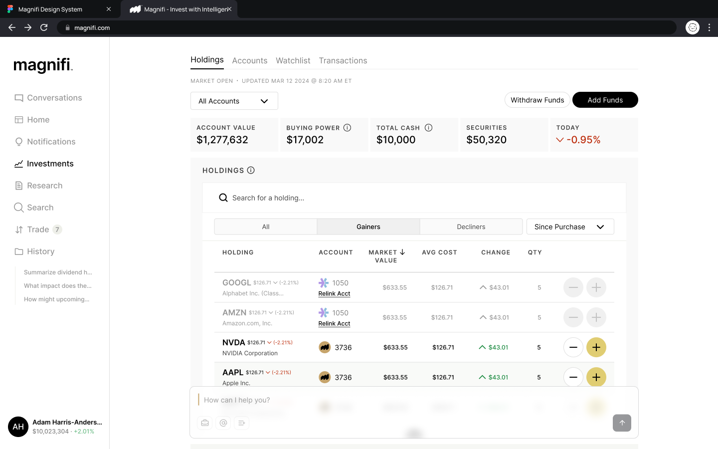 Magnifi investor portfolio holdings screen