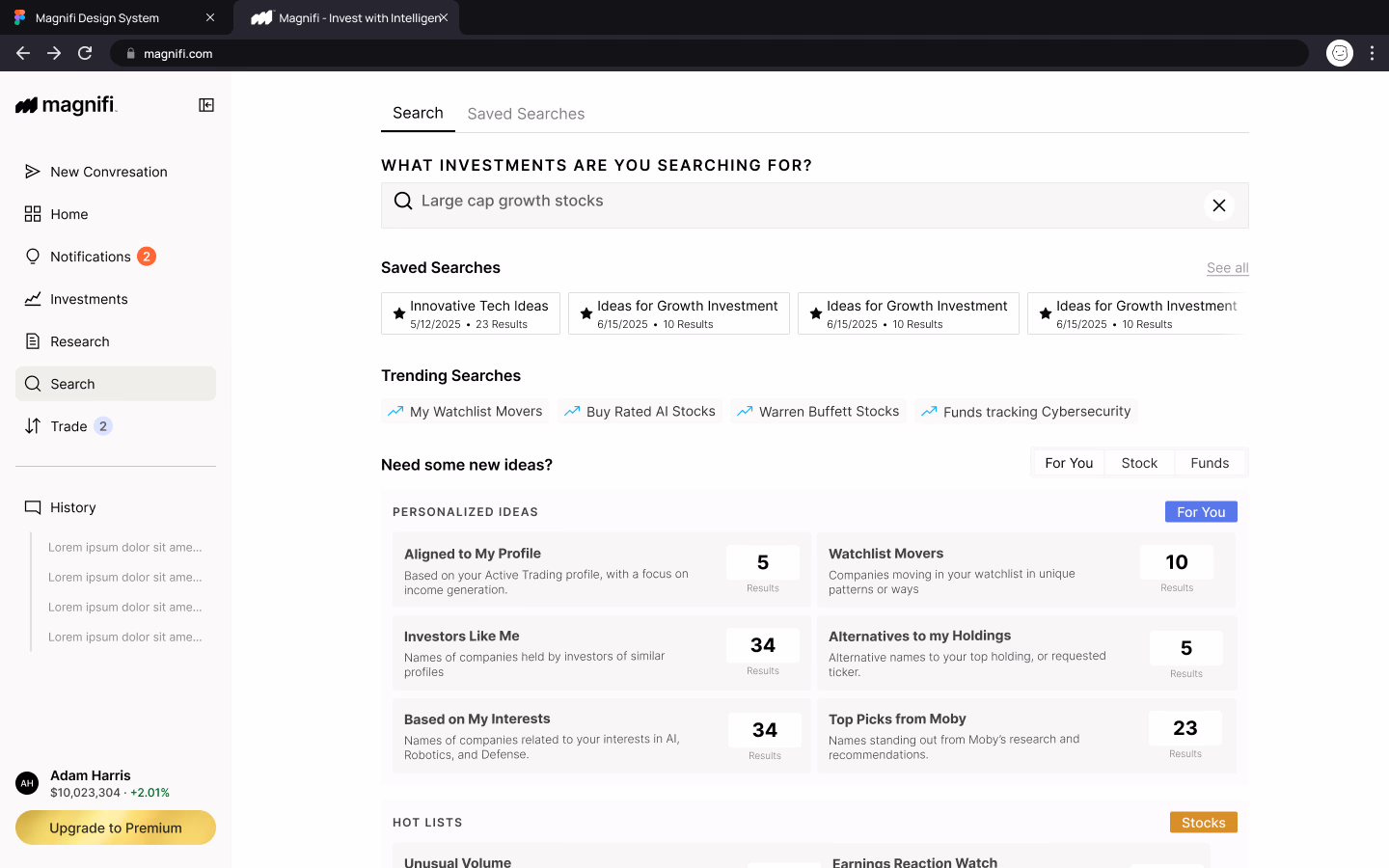 Magnifi search investments screen