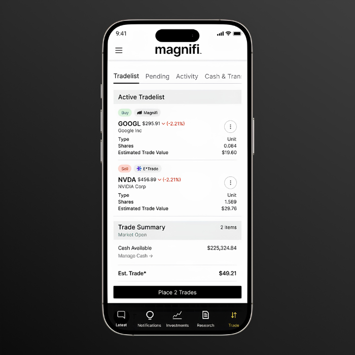 Magnifi mobile trade summary screen