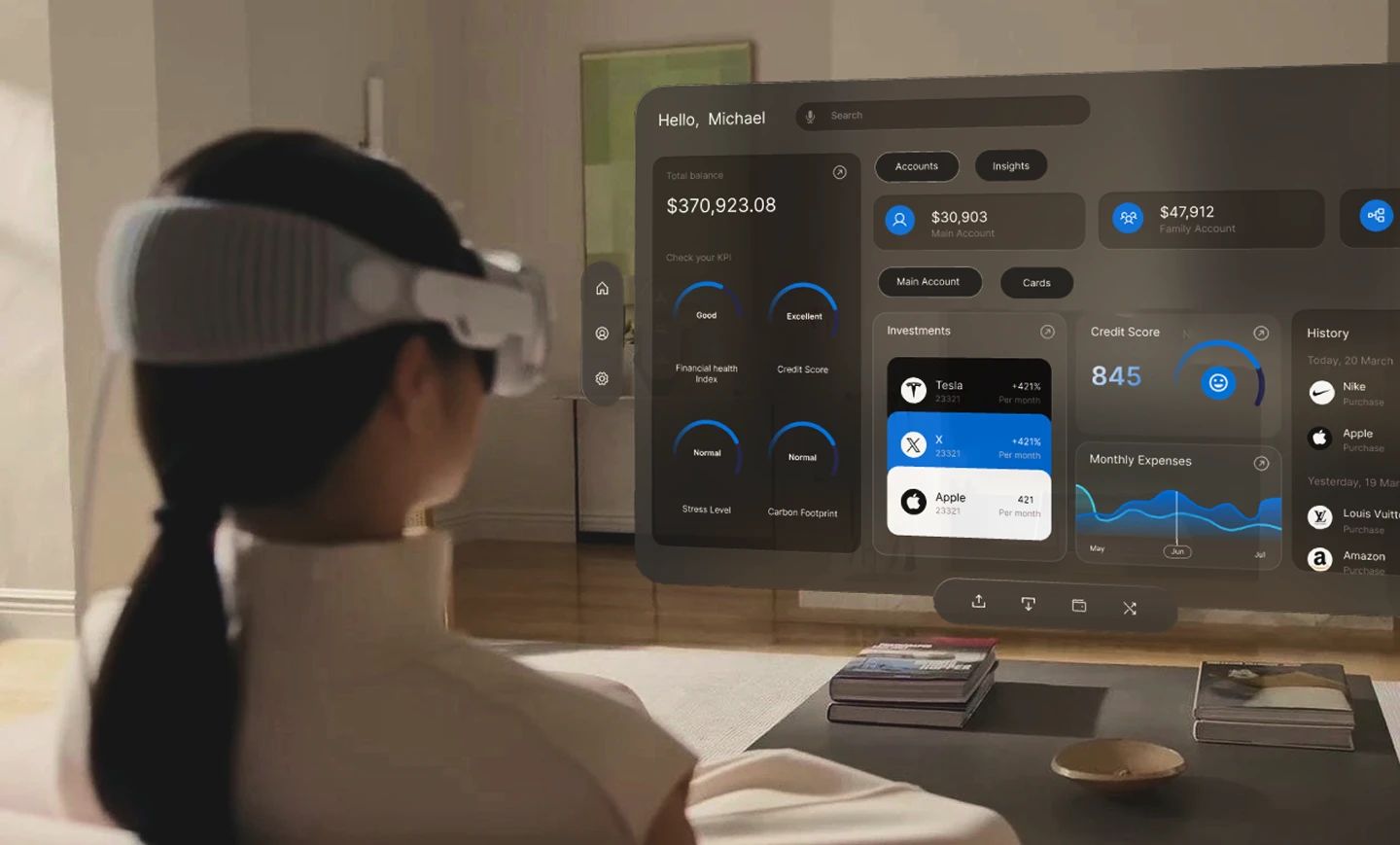Orbit spatial banking experience shown through a Vision Pro headset